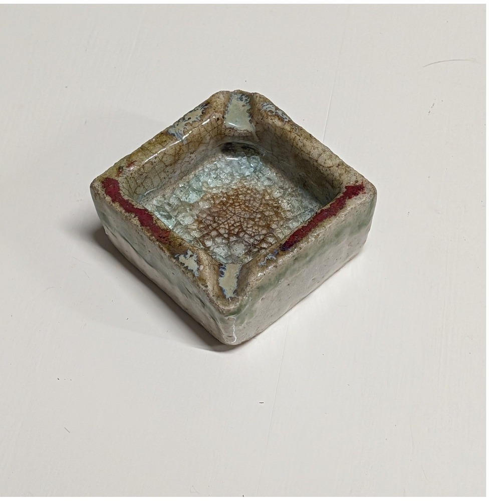 VTG Studio Pottery Ashtray Square Crackle Glaze Glass Dish MCM Ceramic Stoneware